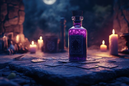 Mysterious glass vial with purple liquid on stone altar in candlelight, dark mystical scene