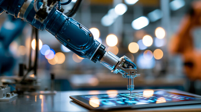 A robotic arm being adjusted on a factory floor with a tablet device resting on a nearby workbench, robot arm installation, factory test, control inspection, tablet device,