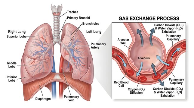 Frontal anatomy of human lungs with inset showing alveolus and pulmonary capillaries, illustrating gas exchange process where oxygen enters blood and carbon dioxide leaves through thin respiratory mem