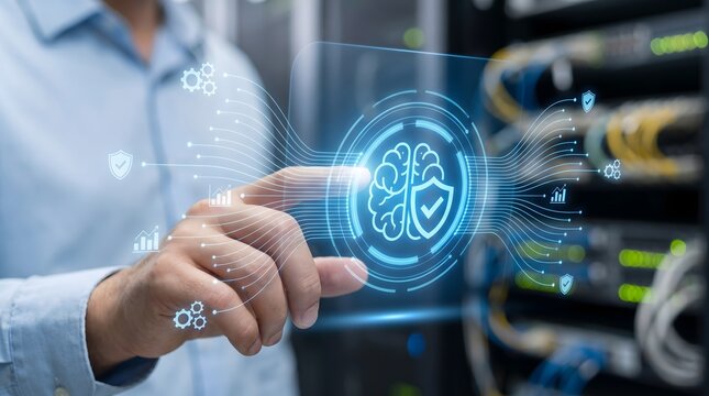 Hand touching virtual shield with brain icon in data center