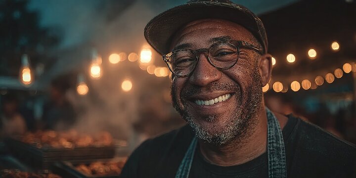 Smiling man wearing glasses and apron grills food outdoors at night market