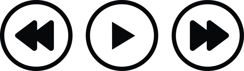 Media playback control icons, rewind play and forward symbols for video and audio interface design © Billal