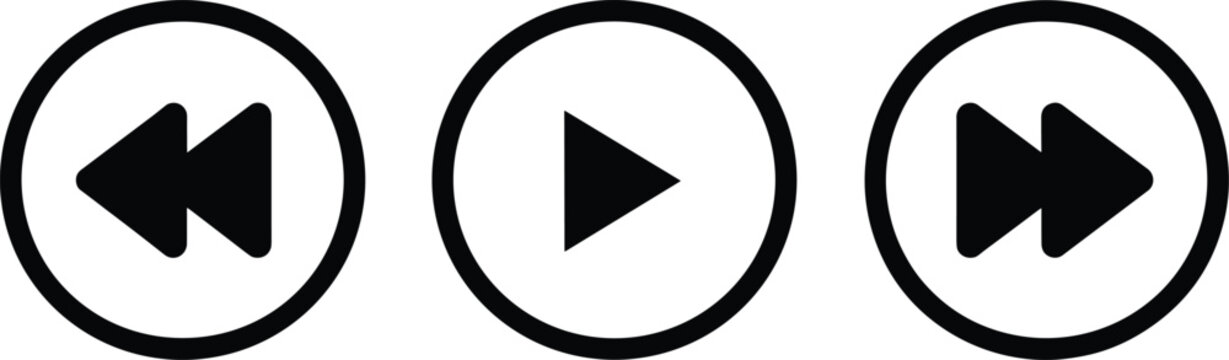 Media playback control icons, rewind play and forward symbols for video and audio interface design