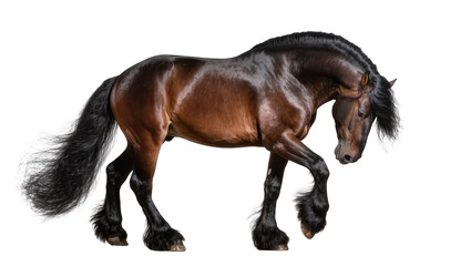 Majestic dark brown Friesian horse with flowing mane and tail, isolated on transparent background © Finn