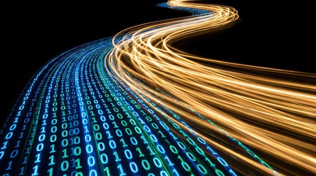 Wavy stream of glowing binary code and fast light trails
