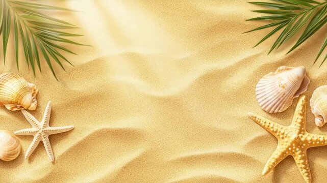 Seaside relaxation with seashells, starfish, and palm leaves on sand for tourist banner design, promoting summer vacation trips, creating tropical greeting card