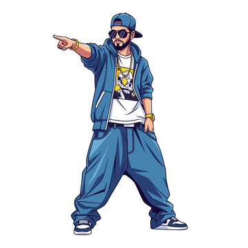 Stylish Cartoon Hip-Hop Man Pointing on White Background
