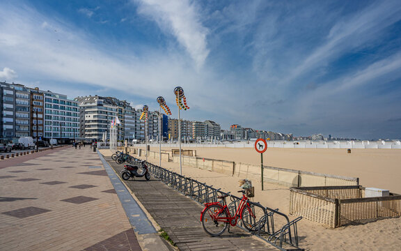 Modern skyscrapers along the beach promenade in Knokke-Heist on the North Sea coast near Bruges, West Flanders, Belgium