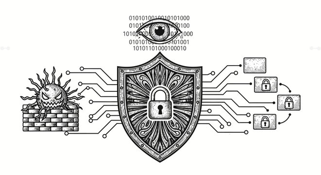 Cybersecurity Shield, Virus Attack, Data Protection, Digital Eye and Binary Code