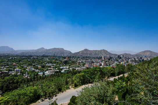 View of Kabul from Wazir Mohammad Akbar Khan Hill with buildings and mountains in the background