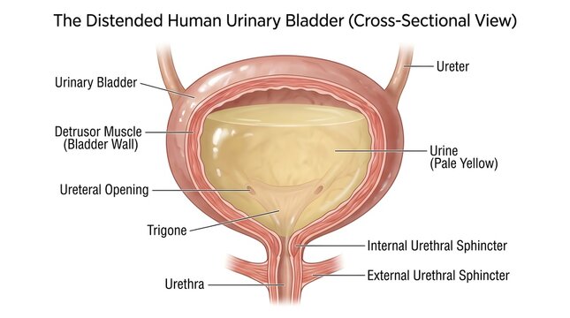 Distended human urinary bladder in cross‑section depicting stretched detrusor muscle, smooth rugae, pale yellow urine, ureter entry, trigone and internal and external urethral sphincters, illustrating