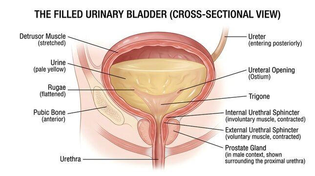 Cross‑sectional illustration of the filled human urinary bladder showing detrusor muscle, rugae, ureteral openings, trigone region, internal and external urethral sphincters and urethra, explaining st