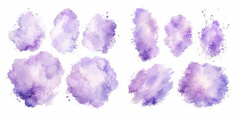 A charming watercolor set of soft purple brush circles featuring cloudy paint splashes stains and textured washes on a white background. © liana