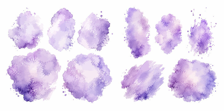 A charming watercolor set of soft purple brush circles featuring cloudy paint splashes stains and textured washes on a white background.
