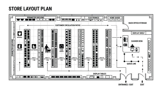 Retail store layout floor plan with aisles