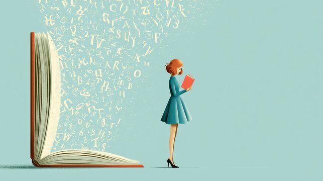 Illustration shows a person reading while letters appear to swim and rearrange on the page, highlighting the challenges of dyslexia in a simple way.