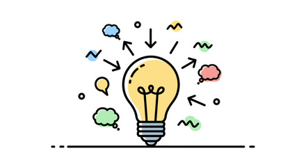 Light bulb with arrows and thought bubbles represents creativity and ideas. © RGN