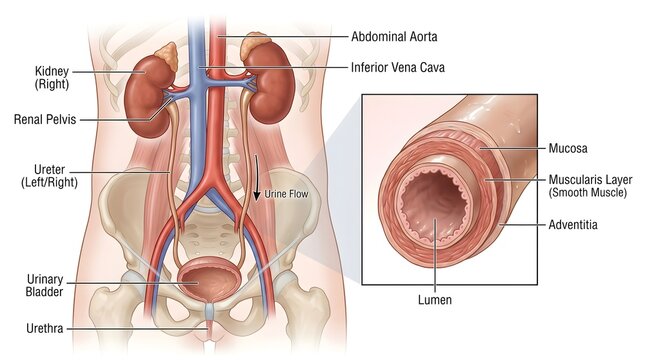 Anterior view of kidneys, ureters and urinary bladder with magnified cross‑section of ureter wall, illustrating mucosa, muscular smooth muscle layers and adventitia surrounding the lumen that propel u