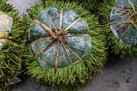 Beetlenut bundles for sale in a local market in Bangladesh