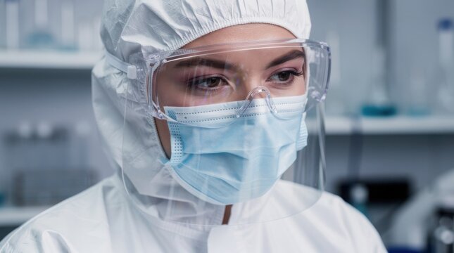 A focused female scientist in full personal protective equipment (PPE), including a face mask and goggles, working in a sterile laboratory environment.