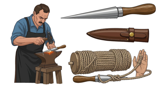 Traditional blacksmith forging a marlinspike tool set for nautical rope splicing.