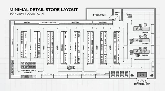 Minimal retail grocery store floor plan layout