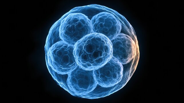 Early blastocyst stage embryo is examined under a microscope with blastomere cells visible. The zona pellucida remains intact in a dark background.
