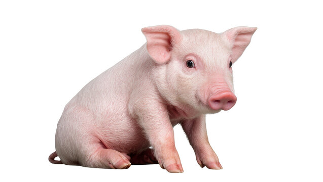 Adorable pink piglet sitting, isolated on transparent background