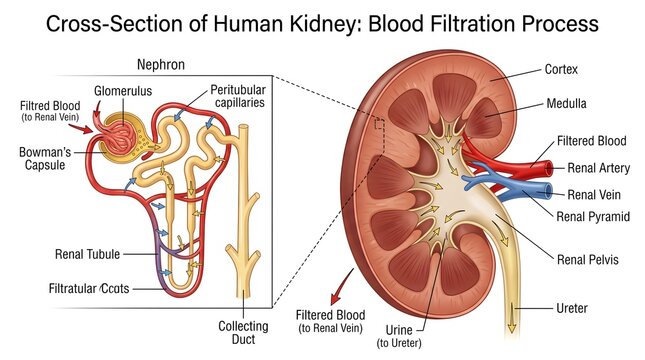 Cross‑section of human kidney paired with nephron diagram, showing cortex, medulla, pyramids, renal pelvis, arterial and venous branches and detailed blood filtration pathway through glomerulus, tubul