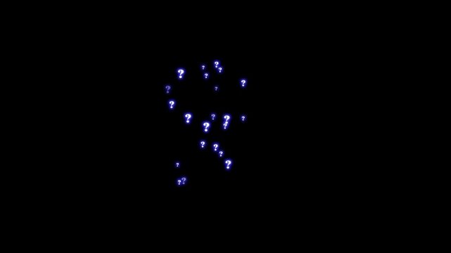 Blue glowing question mark particle animation with floating mystery symbols and seamless cinematic motion on deep black background ultra sharp 4K visual effects
