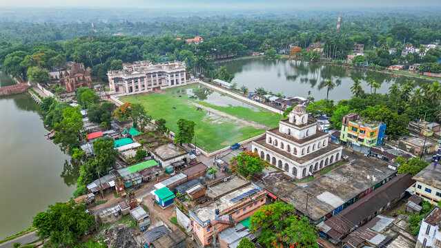 Exploring the historic Puthia Rajbari Complex with aerial views of its gardens and surroundings in Bangladesh