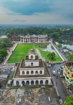Historic Puthia Rajbari Complex shows its impressive architecture and green landscape in Bangladesh from above
