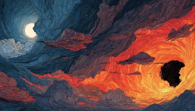 Dramatic painting of swirling tornado with fire and smoke under a moonlit sky, fiery red and orange clouds blending with dark stormy textures
