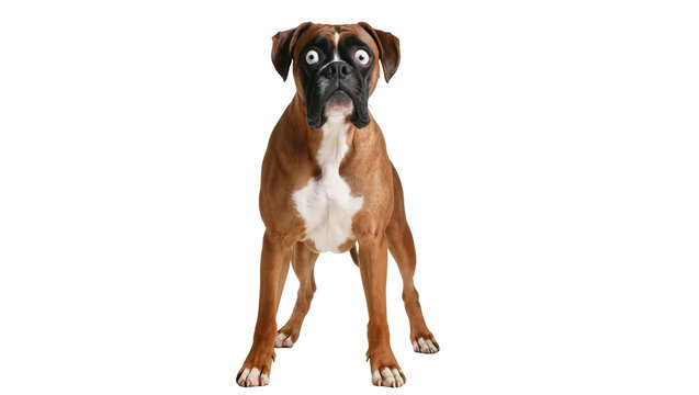 Surprised boxer dog with wide eyes, isolated on transparent background