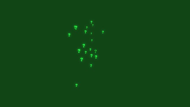 Green question mark particles falling downward with glowing light effects on solid green background smooth looping abstract confusion motion graphics ultra HD 4K