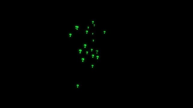 Green question mark particles falling downward with glowing light effects on solid black background smooth looping abstract confusion motion graphics ultra HD 4K