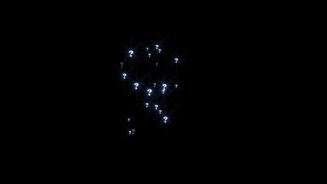 White lighting question mark animation with glowing symbols flying across on black background and sparkling particle motion seamless loop futuristic mystery graphics ultra sharp 4K