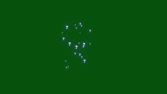White lighting question mark animation with glowing symbols flying across on green background and sparkling particle motion seamless loop futuristic mystery graphics ultra sharp 4K