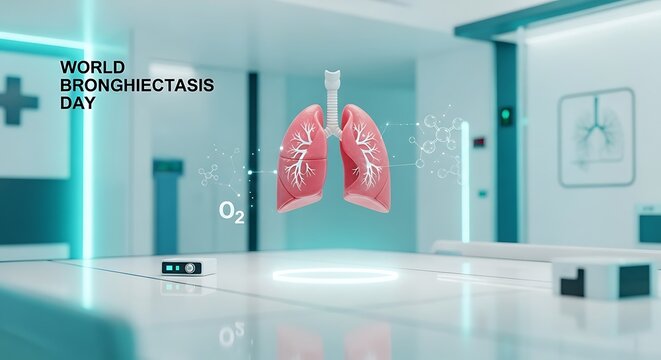 World Bronchiectasis Day Banner with 3D Lungs in Medical Lab