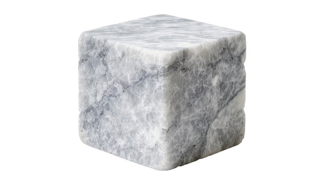 Rough textured grey marble cube with natural veins, isolated on transparent background