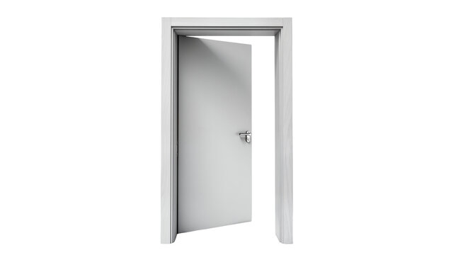 Open white interior door with silver handle, isolated on transparent background