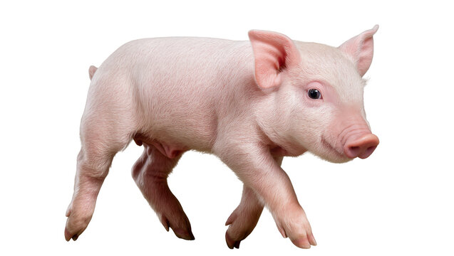 Pink piglet walking, isolated on transparent background