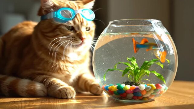 Orange Tabby Cat Wearing Blue Swimming Goggles Looks at Guppy in Fishbowl
