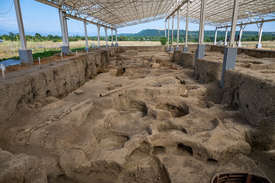Ancient ruins at Old Gabala showing excavated areas and structures from a historic settlement in Azerbaijan