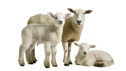 Fototapeta premium Fluffy white sheep family mother and two lambs, isolated on transparent background