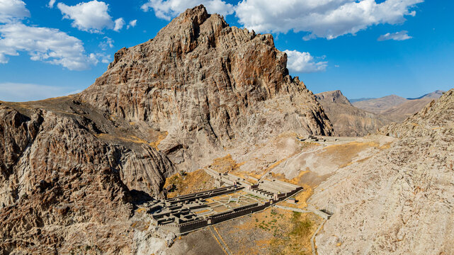 View of Alinja castle set against a rugged mountain landscape in Nakhchivan, Azerbaijan