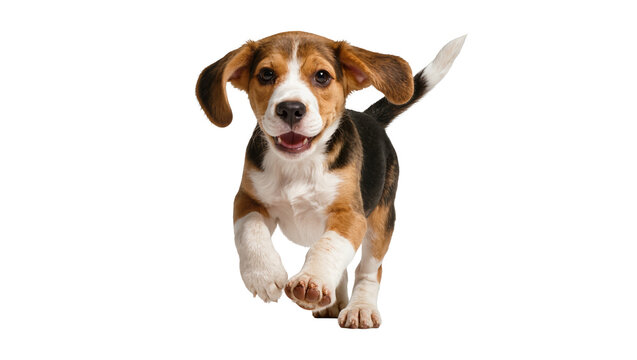 Happy beagle puppy running forward, isolated on transparent background