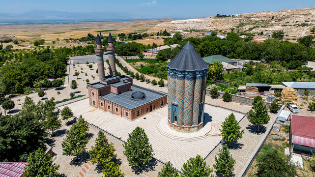 Mausoleum in Garabaghlar shows traditional architecture and well-maintained grounds in an aerial view from Nakhchivan, Azerbaijan