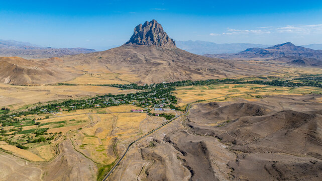 Monolith rises near Alinja castle under clear sky in Nakhchivan region of Azerbaijan