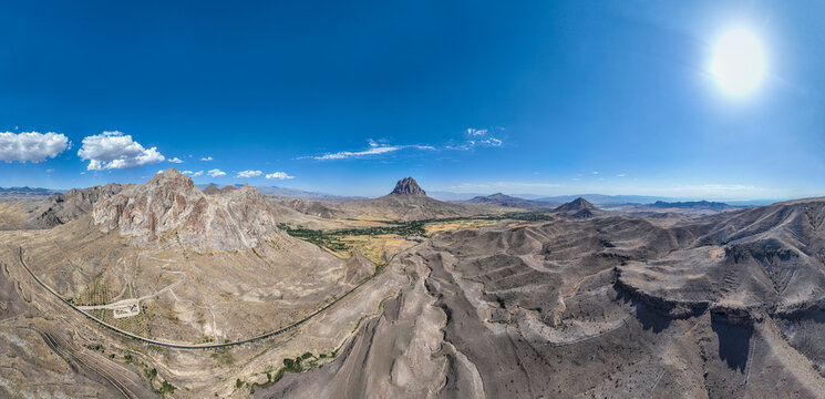 Panorama view of Alinja castle with surrounding mountains under clear sky in Azerbaijan